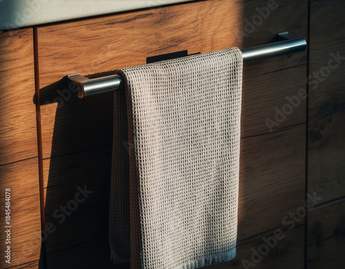 Waffle texture kitchen towel hanging on wooden cabinet handle