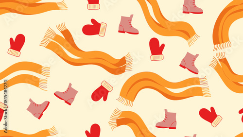 An upscaled, cheerful seamless winter fashion pattern featuring scarves, mittens, and boots in a repeating flat lay design.