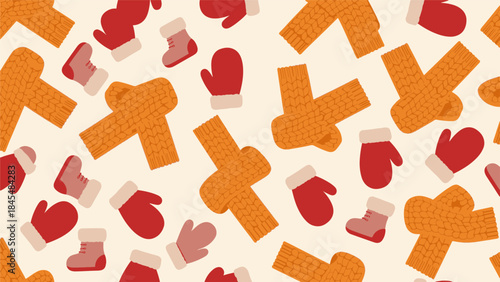 Warm knitted winter clothing pattern with scarves, mittens, and boots creating a cozy seasonal background design for various projects.
