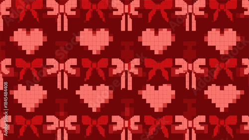 Vibrant pixel art pattern of charming red hearts and bows, a digitally enhanced background for romantic celebrations.