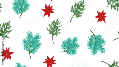 A vibrant festive winter foliage and star elements compose a seamless repeating pattern, ideal for seasonal graphic designs.