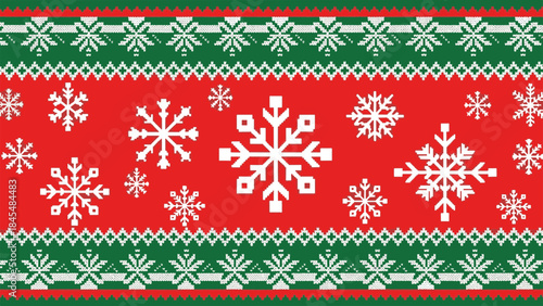 High-quality graphic of a festive winter holiday seamless pattern featuring traditional knitted snowflakes and geometric borders