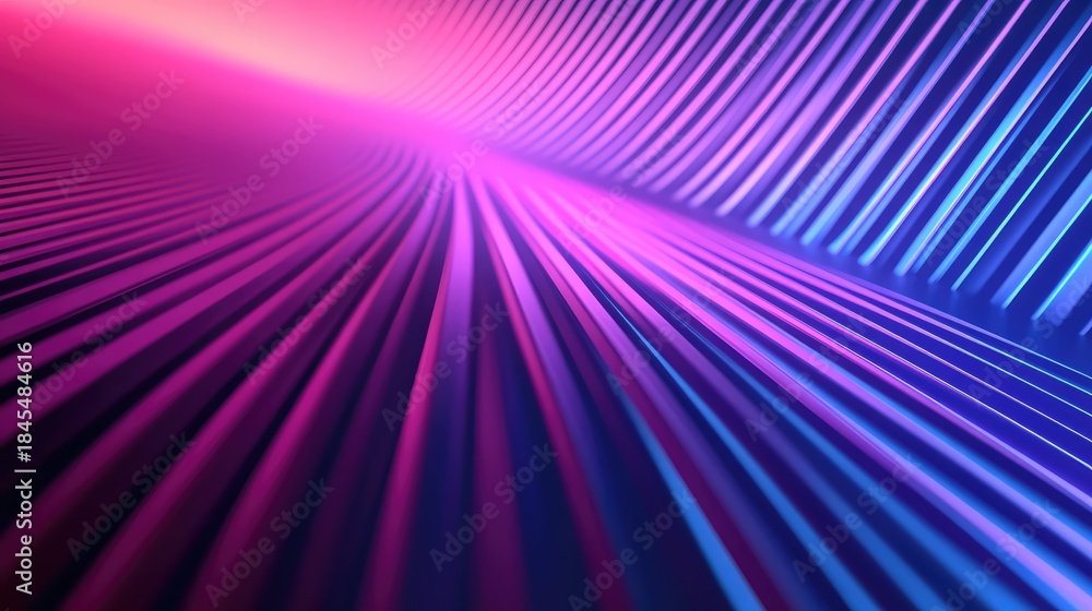 Fototapeta premium Abstract parallel lines creating a dynamic, futuristic perspective, illuminated with gradient pink, purple, and blue neon lights, suggesting a modern digital data flow or energy stream