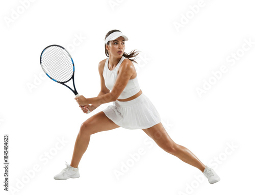 Female tennis player in white outfit hitting backhand isolated on white