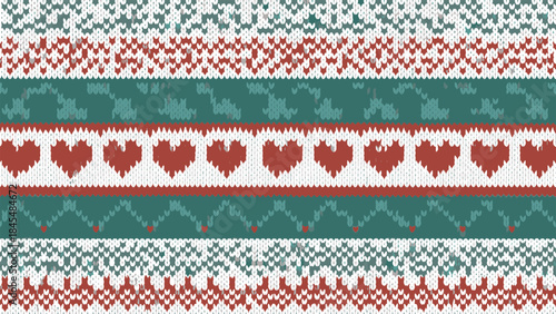 Cozy knitted textile pattern with festive hearts and geometric motifs, a seamless graphic design for winter aesthetics.