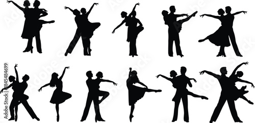 Diverse Group of People Silhouettes Standing and Sitting in Various Poses, Peace Sign Hand Gesture, Flat Vector Illustration, Crowd Figures