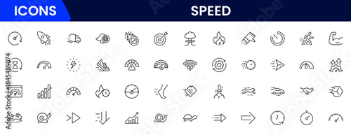 Speed and performance icon set. Containing fast, productivity, indicator, turbo, speeding and speedometer icons. Thin line icon collection. Vector illustration.
