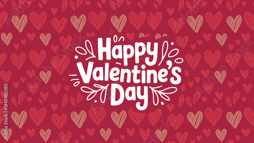 Flat vector seamless pattern of sketchy pink hearts with happy valentines day text