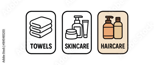 Flat vector illustration bathroom storage labels towels skincare and haircare