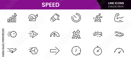 Speed and performance icon set. Containing fast, productivity, indicator, turbo, speeding and speedometer icons. Thin line icon collection. Vector illustration.