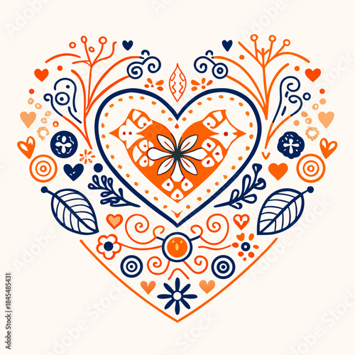 Orange and blue heart with floral patterns and leaves