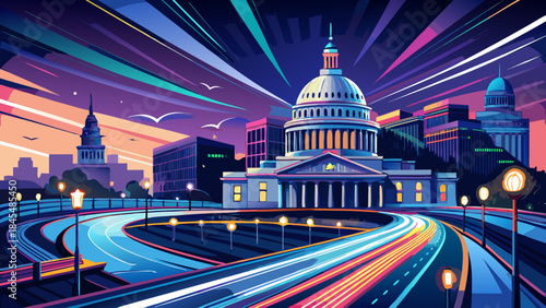 Very beautiful nighttime view of the US Capitol Building with glowing traffic light trails, long exposure effect, urban energy, and dramatic contrast designed for vector illustration.
