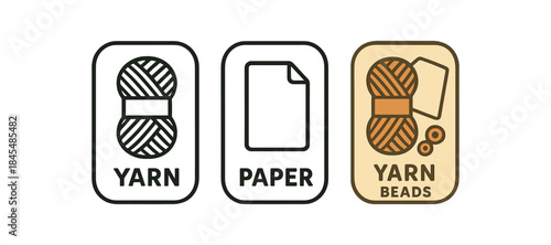 Flat vector illustration craft box labels yarn paper and beads