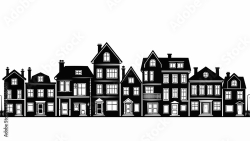 Row of Black and White Houses Silhouette.