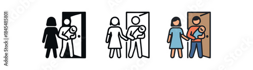 newborn home arrival icon on light background. parents entering home with baby