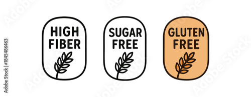 Flat vector illustration cereal labels with text high fiber sugar free gluten free soft