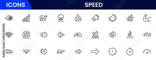 Speed and performance icon set. Containing fast, productivity, indicator, turbo, speeding and speedometer icons. Thin line icon collection. Vector illustration.
