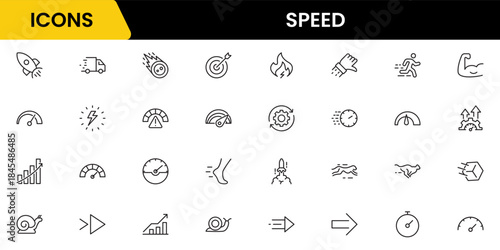 Speed and performance icon set. Containing fast, productivity, indicator, turbo, speeding and speedometer icons. Thin line icon collection. Vector illustration.