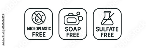 Flat vector illustration bathroom labels with text microplastic free soap free sulfate free soft