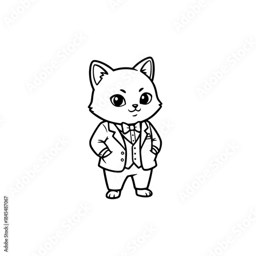 Cat in Suit Mascot Line Art. Black and White Vector Icon of Elegant Cartoon Feline Character for Business Logo, Finance, Corporate Branding, or Luxury Service Generative AI