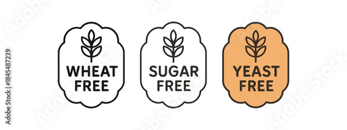 Flat vector illustration bakery labels with text wheat free sugar free yeast free soft