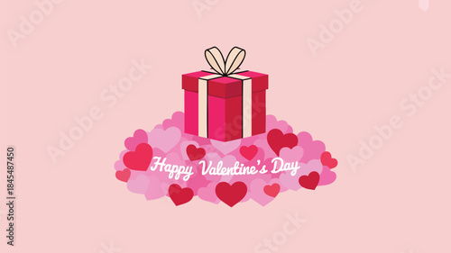 Valentine's day gift box surrounded by hearts on soft pink background, romantic illustration