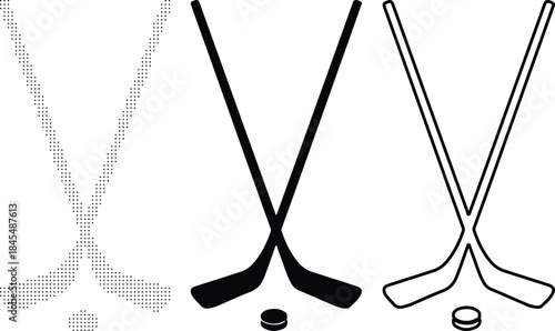 Three version styles of crossed hockey sticks and pucks in black and white isolated on white background EPS 10