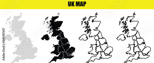 UK Map Vector Set Dotted Halftone, Solid Black Silhouette, and Detailed Regional Outline Graphics