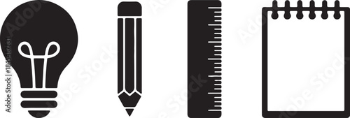 Black Icons Of Lightbulb Pencil Ruler And Notebook idea innovation