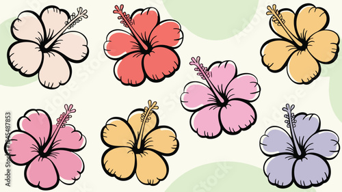 Seven colorful hibiscus flowers arranged randomly on a light background in a digital illustration