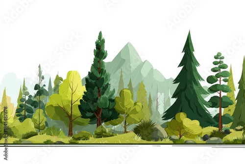 Pixelated Forest Landscape with Evergreen and Deciduous Trees against Light Gray Mountain Background
