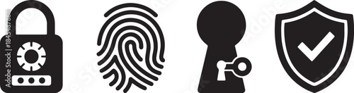 Black Icons Of Padlock Fingerprint Keyhole And Shield security thumbprint