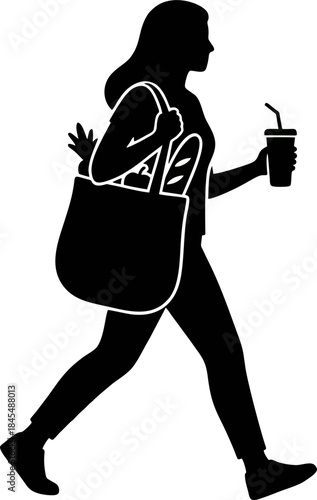 Zero Waste Lifestyle Silhouette Vector. Woman with Reusable Tote Bag and Tumbler Cup Isolated on White Background