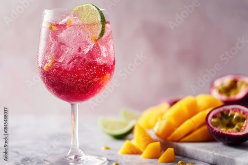 Vibrant Pink Spritz With Mango, Passionfruit And Lime Garnish In A Large Wine Glass For Summer Parties, Outdoor Bars, And Tropical-inspired Celebrations