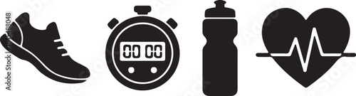 Fitness and Health Icons Including Shoe Stopwatch Water Bottle and Heartbeat fitness