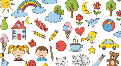 Happy Childhood Seamless Pattern Kids Toys School Supplies and Nature Elements Background Design