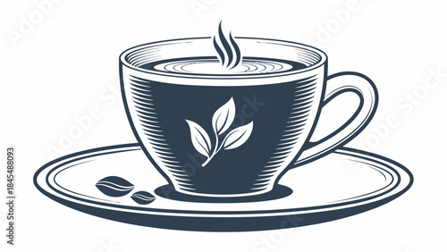 Steaming cup of coffee on a saucer with coffee beans nearby