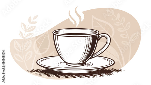 Steaming cup of coffee on a saucer with leafy background