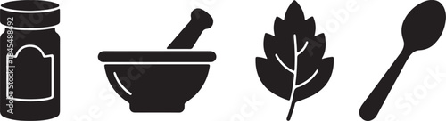Set of four black icons for kitchen and health objects mortar and pestle, spoon, leaf
