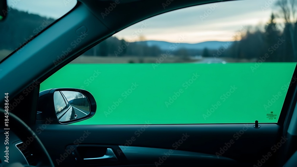 Naklejka premium Car Window with Bright Green Screen for Custom Content Driving on Road