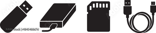 Technology Icons Including USB Drive Power Bank SD Card and Cable technology
