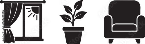 Window Curtain Potted Plant and Armchair Icons interior