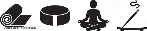 Yoga and Meditation Icons Set yoga mat, bolster, meditating person, incense stick