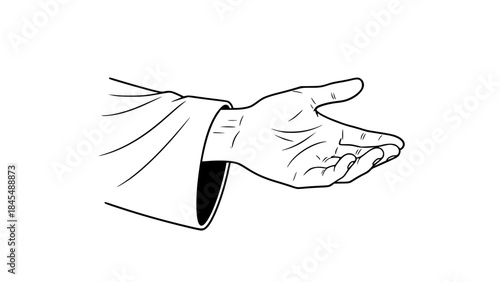 Vector illustration of an outstretched human hand offering help and compassion, biblical and spiritual concept, simple robe sleeve, soft lines, minimal shading