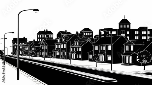 Black and White Illustration of a Suburban Street Scene.
