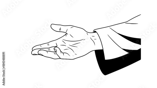 Vector illustration of an outstretched human hand offering help and compassion, biblical and spiritual concept, simple robe sleeve, soft lines, minimal shading