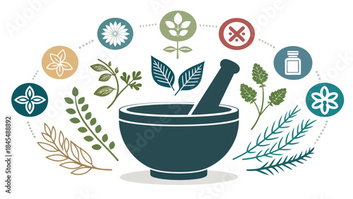 Herbal medicine mortar and pestle with plants and flowers around