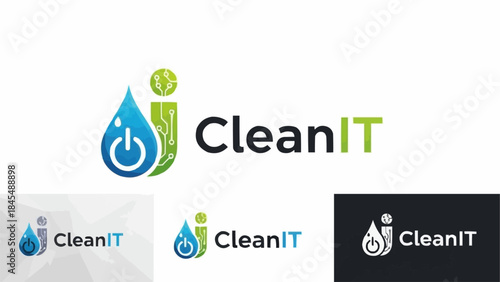 Clean IT logo design with water drop and power button icon.