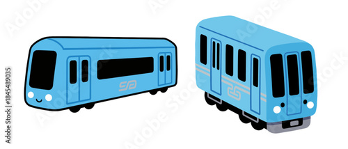 Cute and Modern Blue Subway Train Icon Set: Cartoon City Metro Rail Car Illustration, Public Urban Mass Transit System Transportation.