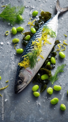 Fresh Mackerel Fillet Garnished With Dill, Lemon Zest, And Green Olives On Ice-Cooled Slate — Vibrant Seafood Still Life For Gourmet Cooking, Market, And Restaurant Stock Photography